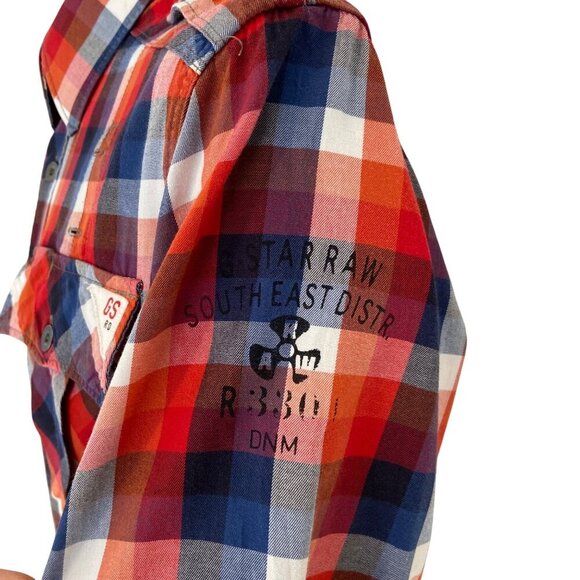 G-Star Raw Men’s Red Blue Plaid Button-Up Shirt Epaulets Size M Streetwear - Picture 7 of 16